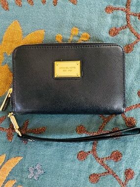 Michael Kors Black Leather Zip-Around Wristlet Wallet with Gold Hardware